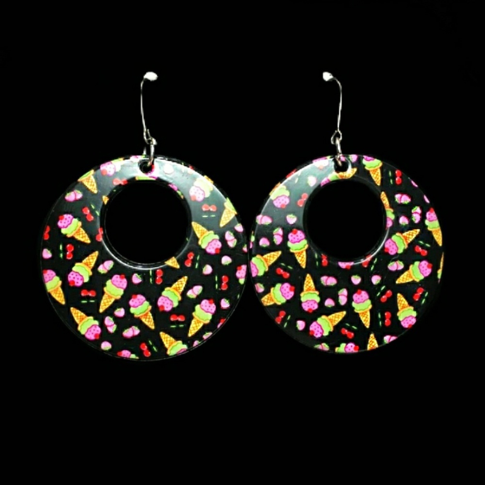 Nwot black ice cream and cherries hoop earrings